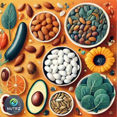 A colorful assortment of magnesium-rich foods, including almonds, spinach, pumpkin seeds, black beans, and avocado, arranged on a wooden table.