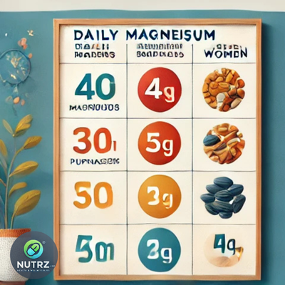 An infographic-style chart showing the recommended daily magnesium intake for men, women, and pregnant women with colorful icons.