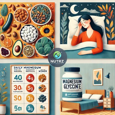 A set of visuals for a magnesium health blog post, including magnesium-rich foods, sleep benefits, daily intake chart, and magnesium supplements.